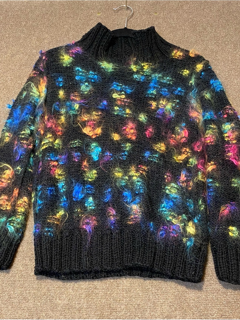 Fuzzy Colorful Rainbow Abstract Knit Mock Neck Sweater Size M
